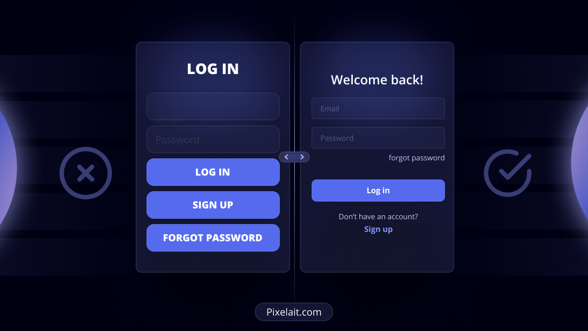 Dark-themed login interface showcasing fields for email and password, buttons for 'Log In', 'Sign Up', and 'Forgot Password', and a welcoming message 'Welcome back!'