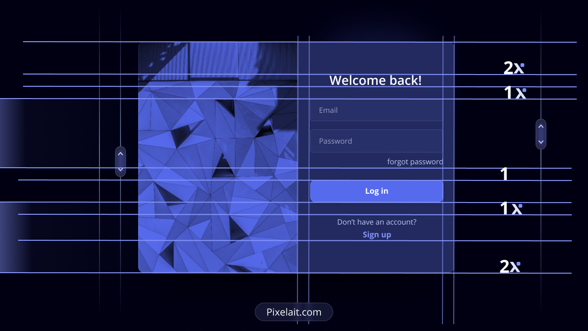 UI spacing system blueprint showing a dark-themed login interface with geometric patterns and consistency in design.