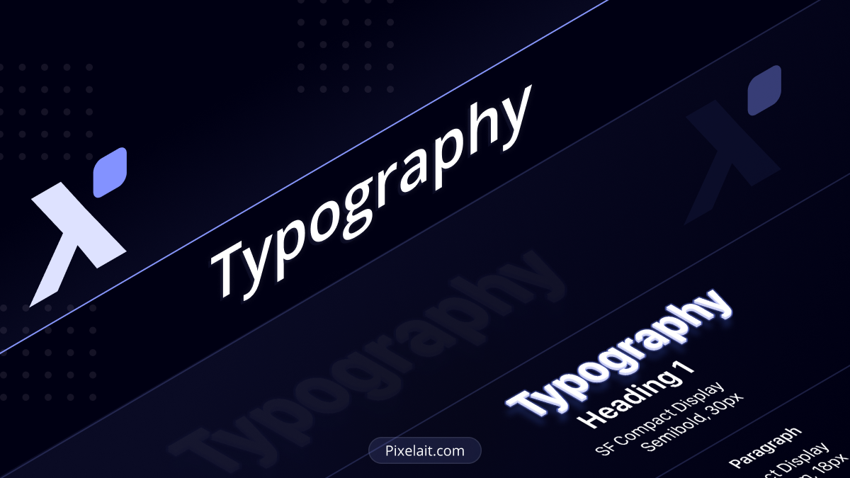 Dark-themed design layout showcasing 'Typography' with reference to font details and Pixelait logo.