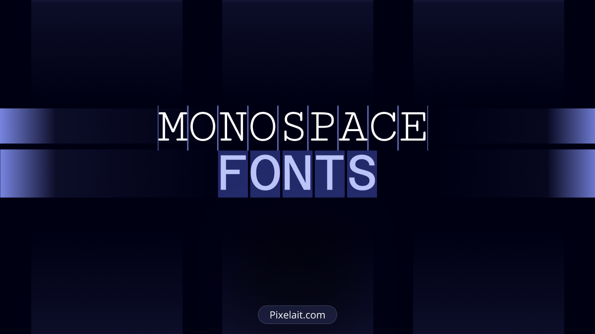 Dark blue abstract background with 'MONOSPACE FONTS' text in the center and 'Pixelait.com' at the bottom.