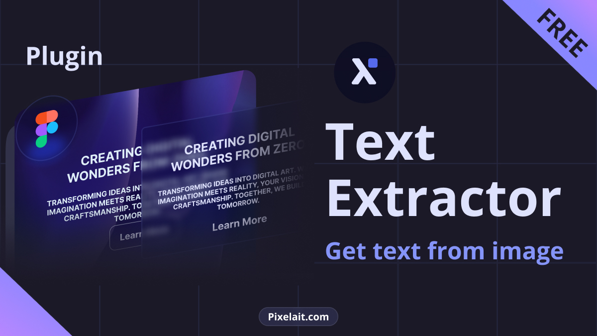 A promotional graphic for Pixelait's AI-powered Text Extractor Figma plugin. The image features two digital cards with the Figma and Pixelait logos, showcasing text about creating digital wonders from zero. The text highlights features such as extracting text from images or screenshots in seconds, and mentions that the tool is free. The Pixelait website URL is displayed at the bottom.