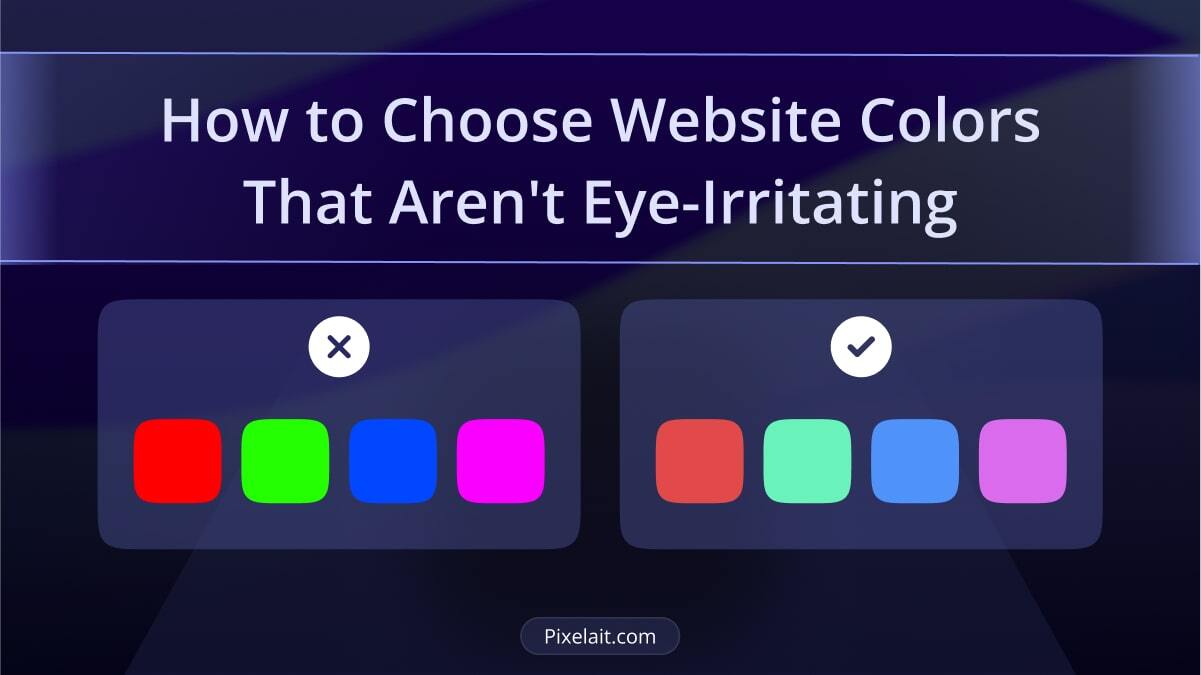 Comparison of color combinations for web design: Bright and eye-irritating colors on the left versus toned and comfortable colors on the right.