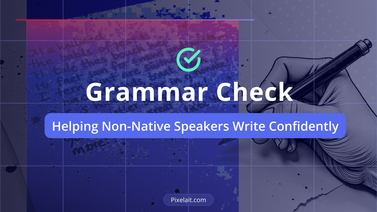 A digital graphic featuring the text "Grammar Check" with a checkmark icon above it and the phrase "Helping Non-Native Speakers Write Confidently" below. The background includes a stylized illustration of a hand writing with a pen and a pixelated section of handwritten text.