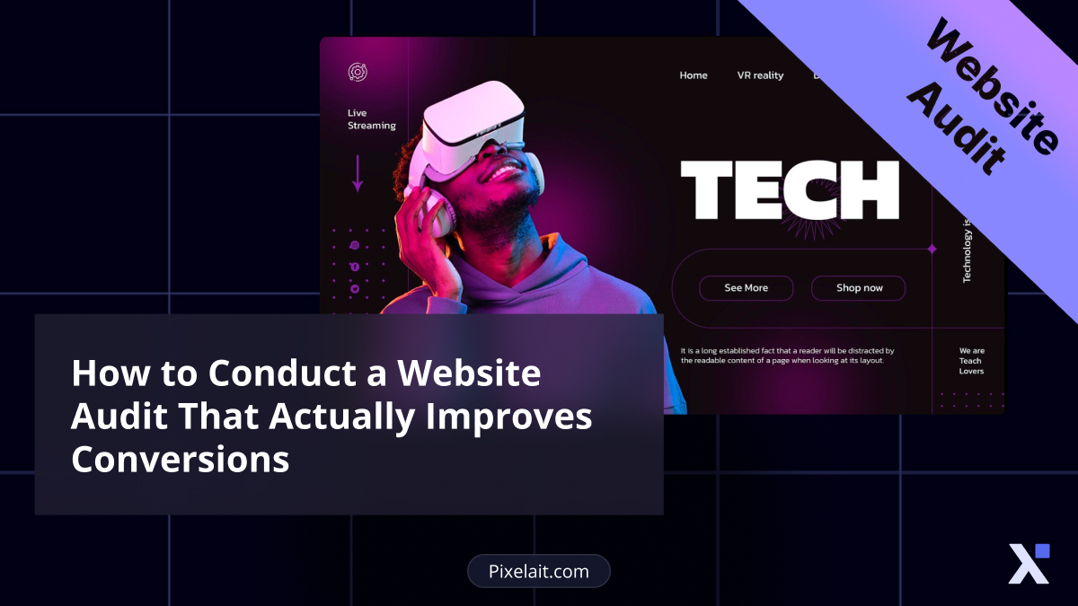 How to Conduct a Website Audit That Actually Improves Conversions - blog cover showing tech website mockup with VR headset user by Pixelait.com