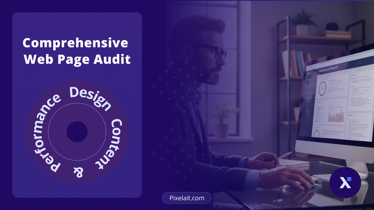 Comprehensive Web Page Audit: Design, Content, and Performance - blog cover showing person analyzing dashboard with circular badge by Pixelait.com