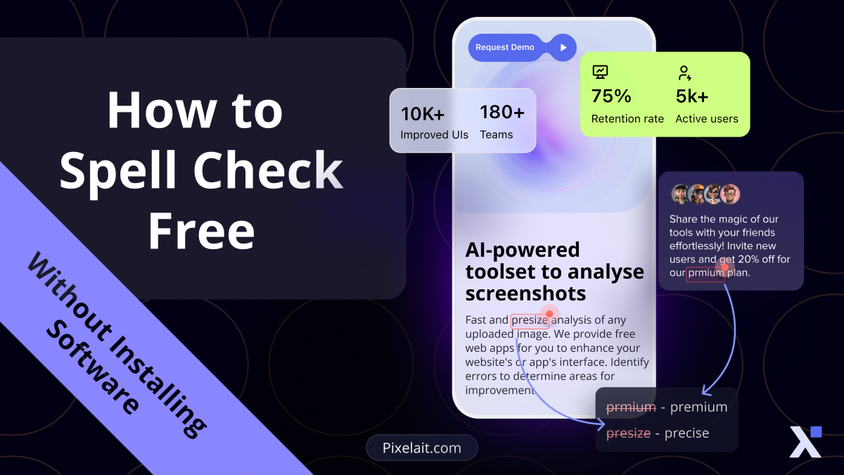 How to Spell Check Free Without Installing Software - blog cover showing AI toolset interface with metrics and spell corrections by Pixelait.com